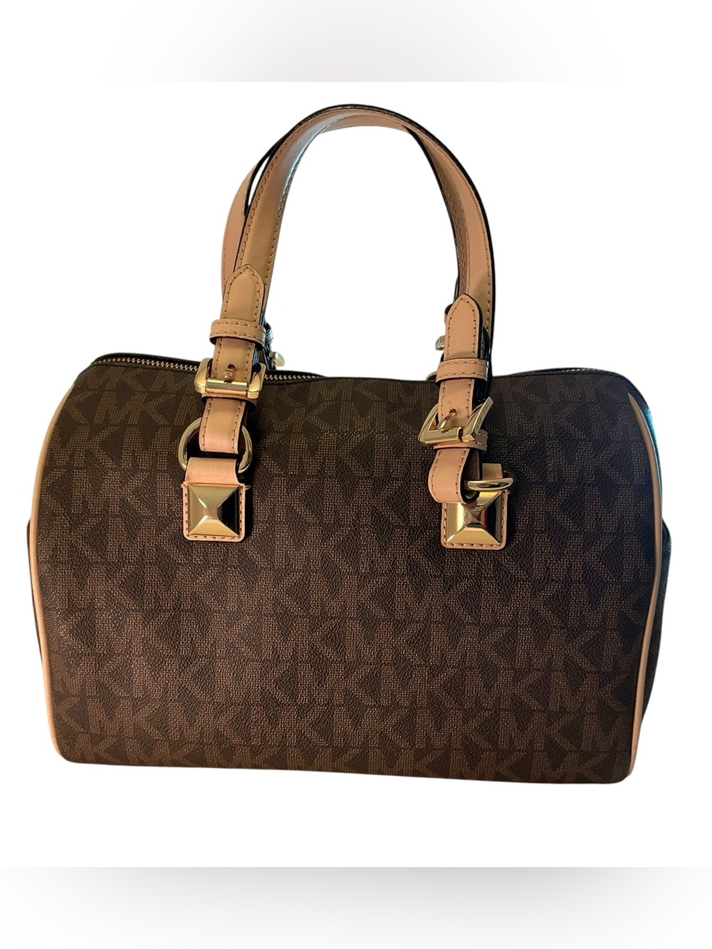 Michael Kors Grayson Satchel Handbag Brown Medium Duffel Bag Gold Studs